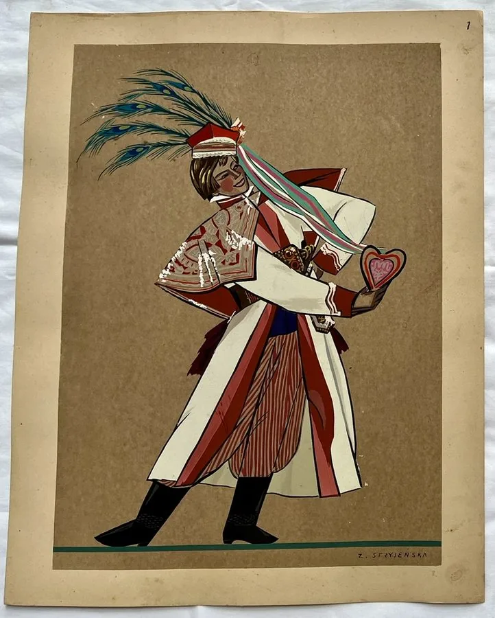 Zofia Stryjeńska, Plate 1 — Kraków male costume, pochoir from «Polish Peasants Costumes», C. Szwedzicki, Nice, 1939