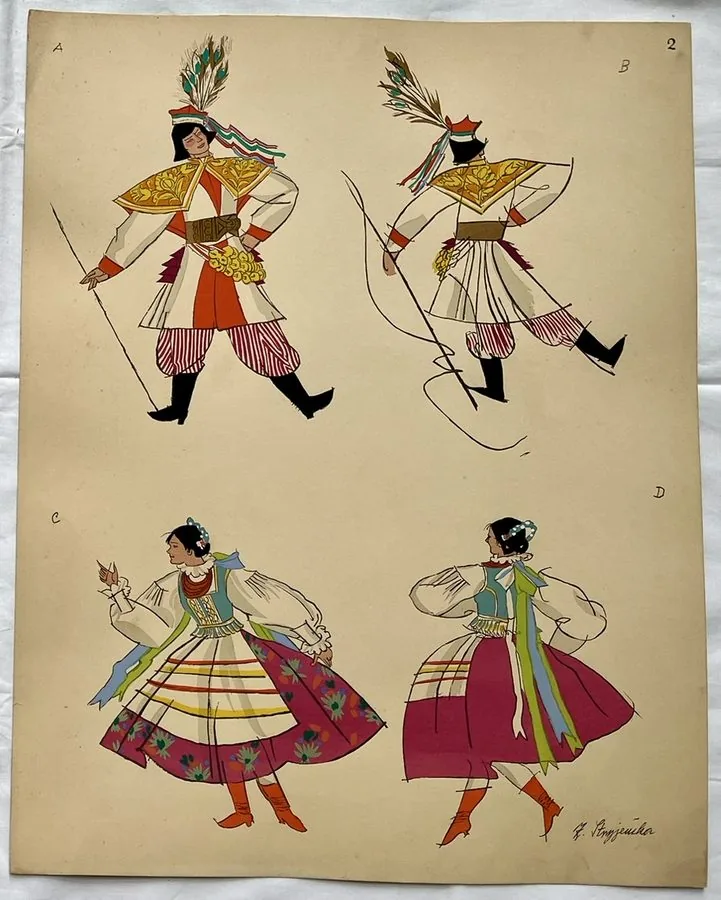 Zofia Stryjeńska, Plate 2 — Kraków folk figures, pochoir from «Polish Peasants Costumes», C. Szwedzicki, Nice, 1939