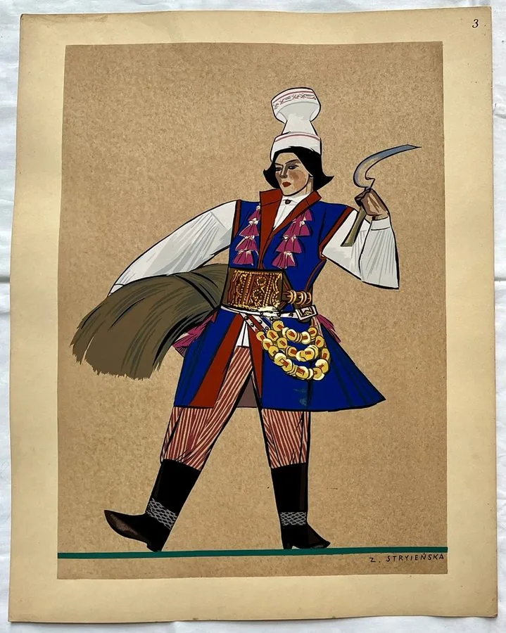 Zofia Stryjeńska, Plate 3 — Kraków male costume (variant), pochoir from «Polish Peasants Costumes», C. Szwedzicki, Nice, 1939