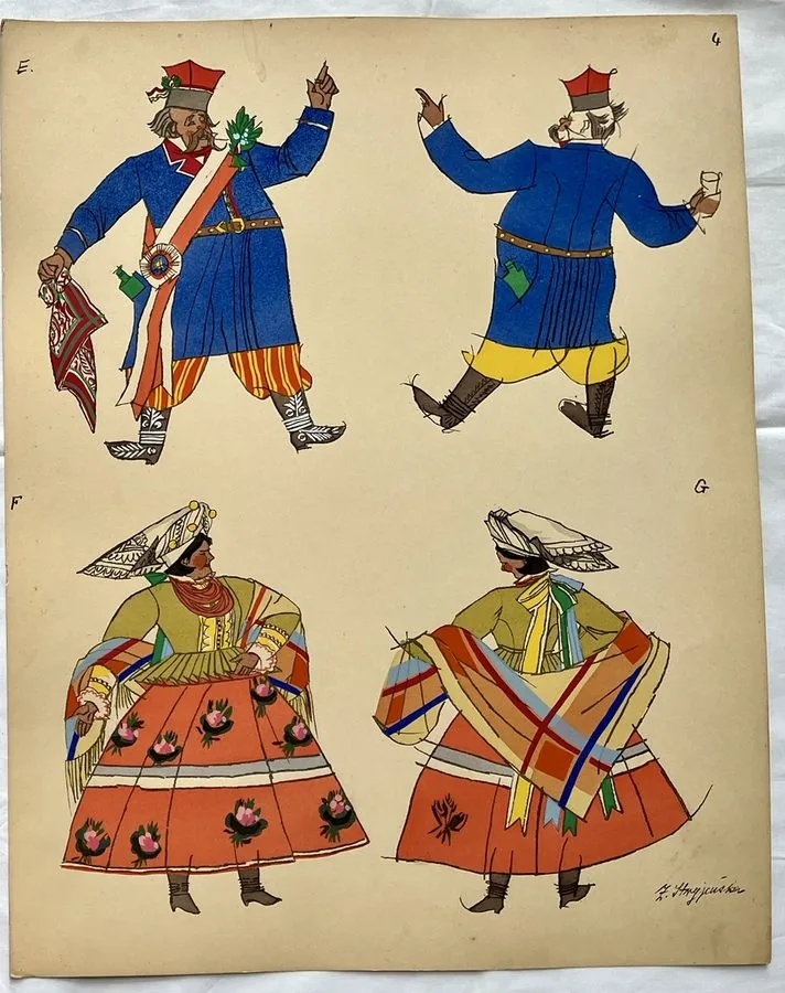 Zofia Stryjeńska, Plate 4 — Kraków figures, four views, pochoir from «Polish Peasants Costumes», C. Szwedzicki, Nice, 1939