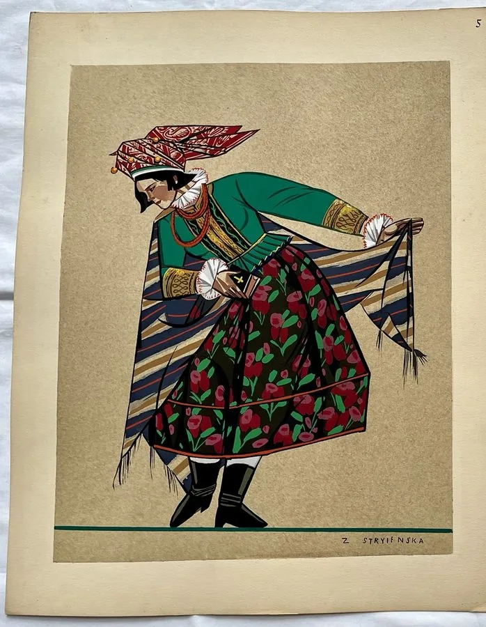 Zofia Stryjeńska, Plate 5 — Female dancer in full skirt, pochoir from «Polish Peasants Costumes», C. Szwedzicki, Nice, 1939