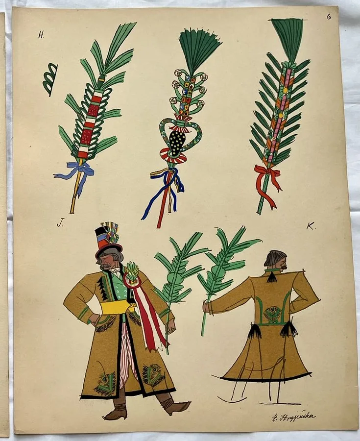 Zofia Stryjeńska, Plate 6 — Regional costume, four figures, pochoir from «Polish Peasants Costumes», C. Szwedzicki, Nice, 1939