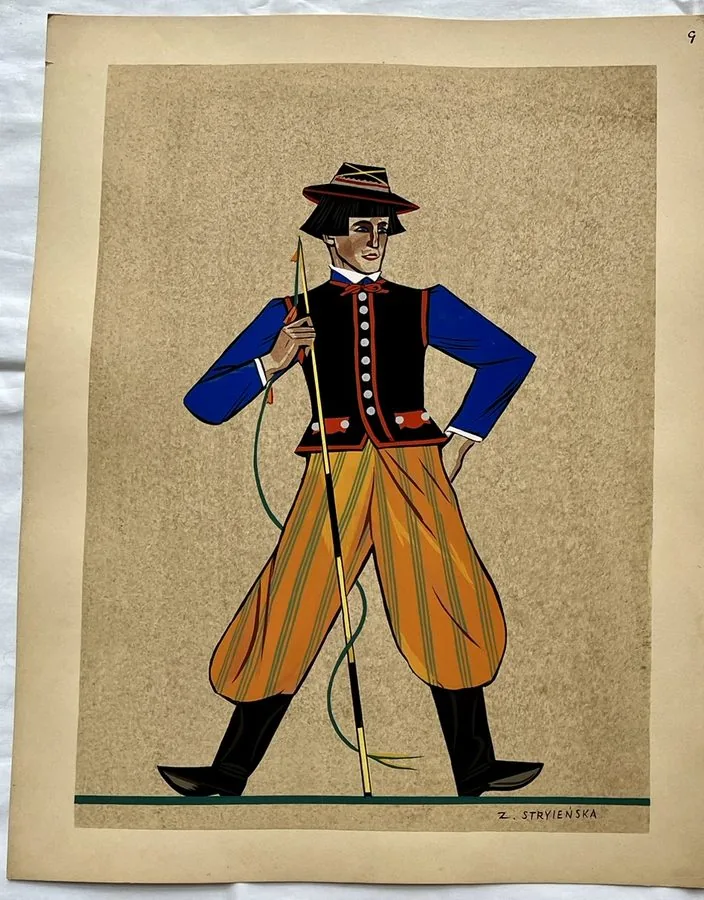 Zofia Stryjeńska, Plate 9 — Regional folk figure, pochoir from «Polish Peasants Costumes», C. Szwedzicki, Nice, 1939