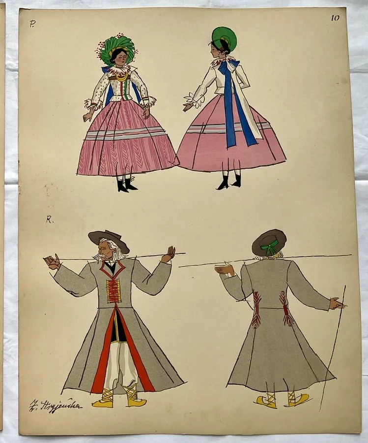 Zofia Stryjeńska, Plate 10 — Four regional figures, pochoir from «Polish Peasants Costumes», C. Szwedzicki, Nice, 1939