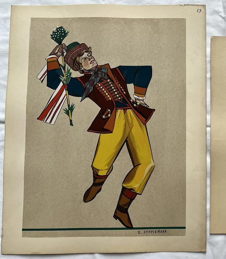 Zofia Stryjeńska, Plate 13 — Male dancer in yellow trousers, pochoir from «Polish Peasants Costumes», C. Szwedzicki, Nice, 1939
