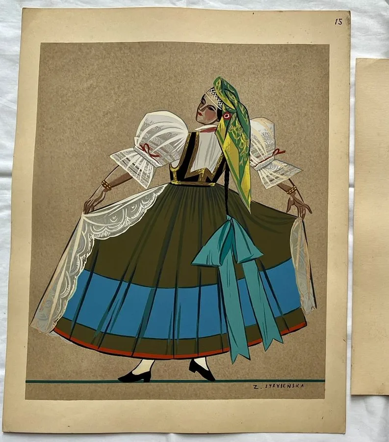 Zofia Stryjeńska, Plate 15 — Folk dancer in blue and teal, pochoir from «Polish Peasants Costumes», C. Szwedzicki, Nice, 1939