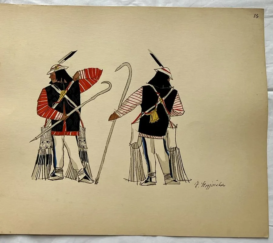 Zofia Stryjeńska, Plate 16 — Four regional figures, pochoir from «Polish Peasants Costumes», C. Szwedzicki, Nice, 1939