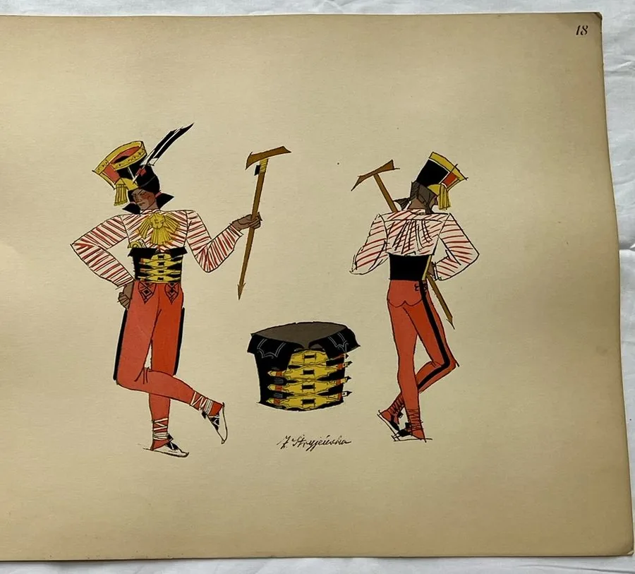 Zofia Stryjeńska, Plate 18 — Four figures in motion, pochoir from «Polish Peasants Costumes», C. Szwedzicki, Nice, 1939