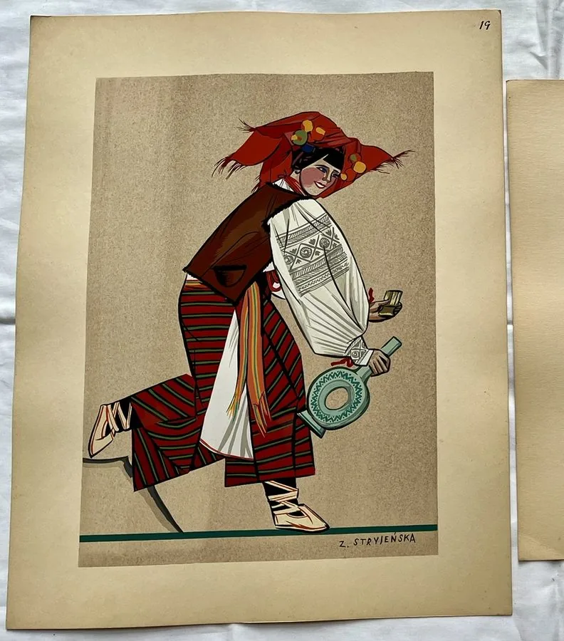 Zofia Stryjeńska, Plate 19 — Male costume with ornamental hat, pochoir from «Polish Peasants Costumes», C. Szwedzicki, Nice, 1939