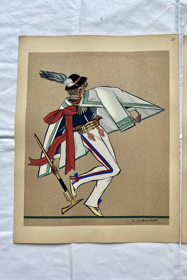 Zofia Stryjeńska, Plate 21 — Dynamic folk dancer, pochoir from «Polish Peasants Costumes», C. Szwedzicki, Nice, 1939