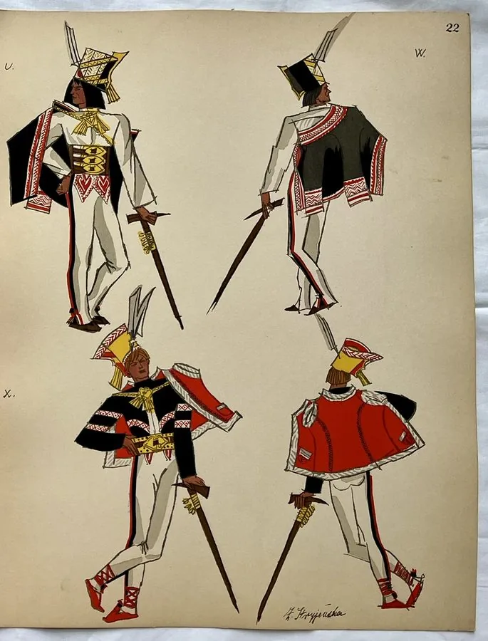 Zofia Stryjeńska, Plate 22 — Four regional figures, pochoir from «Polish Peasants Costumes», C. Szwedzicki, Nice, 1939