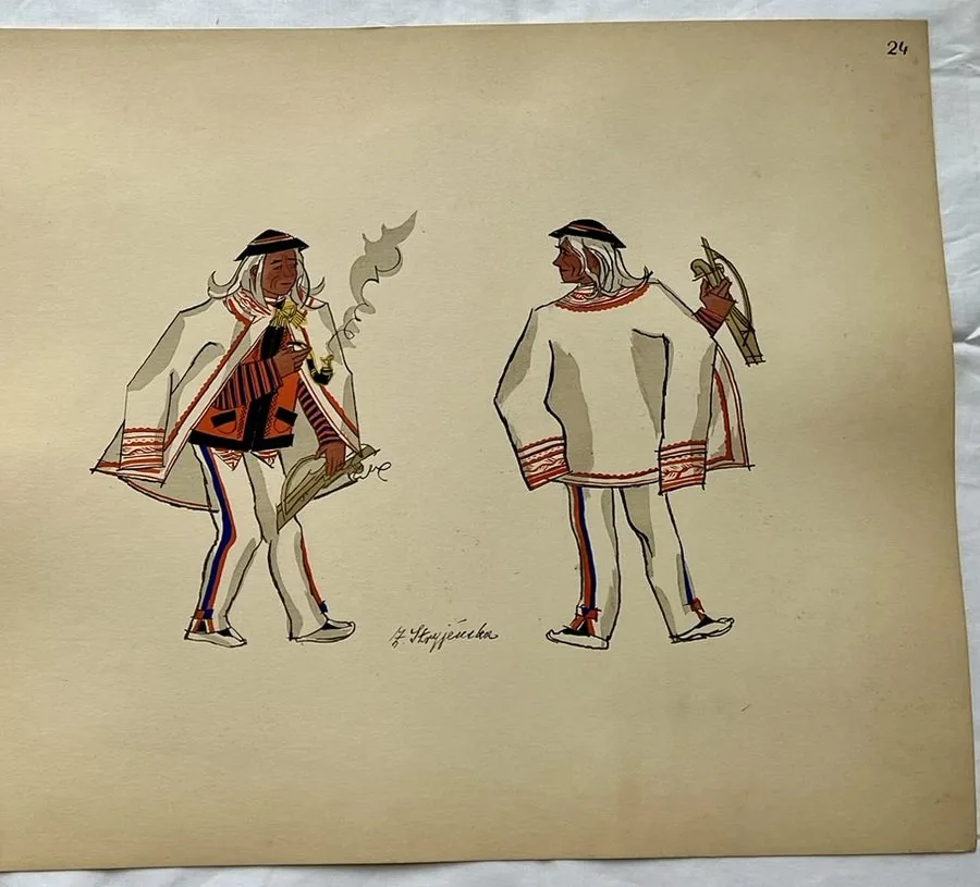 Zofia Stryjeńska, Plate 24 — Two male figures in white, pochoir from «Polish Peasants Costumes», C. Szwedzicki, Nice, 1939