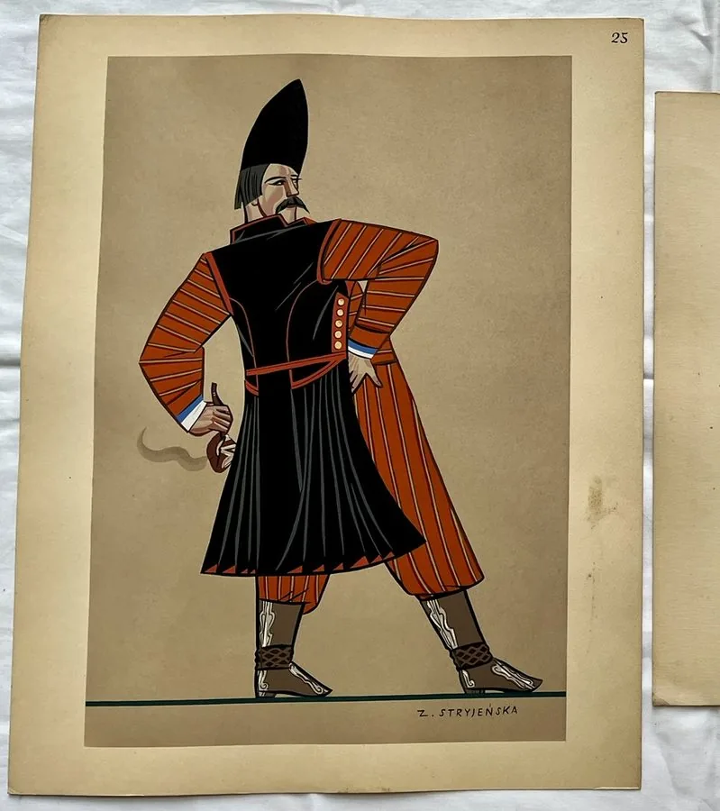 Zofia Stryjeńska, Plate 25 — Dancer with geometric embroidery, pochoir from «Polish Peasants Costumes», C. Szwedzicki, Nice, 1939