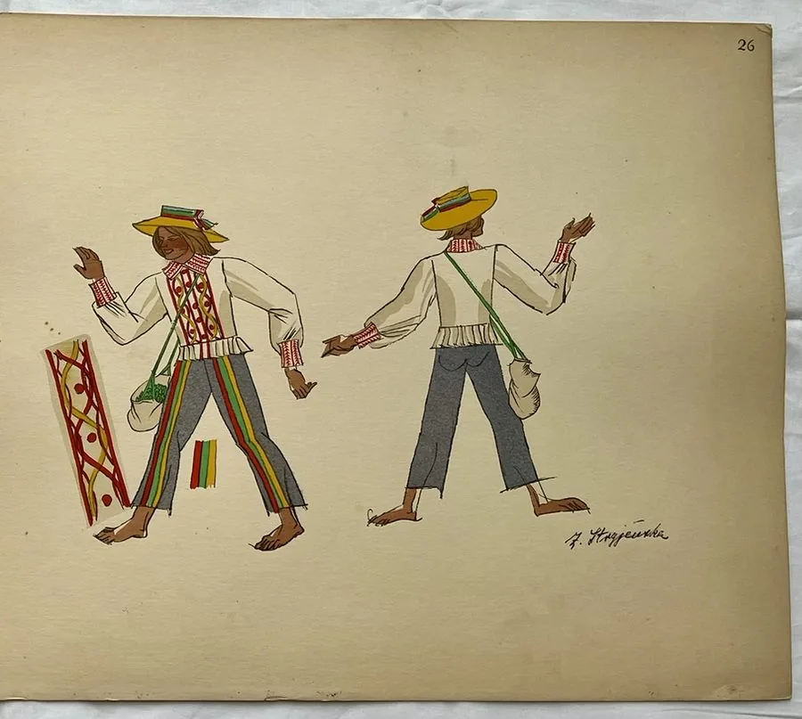 Zofia Stryjeńska, Plate 26 — Four figures, jewel-like colours, pochoir from «Polish Peasants Costumes», C. Szwedzicki, Nice, 1939