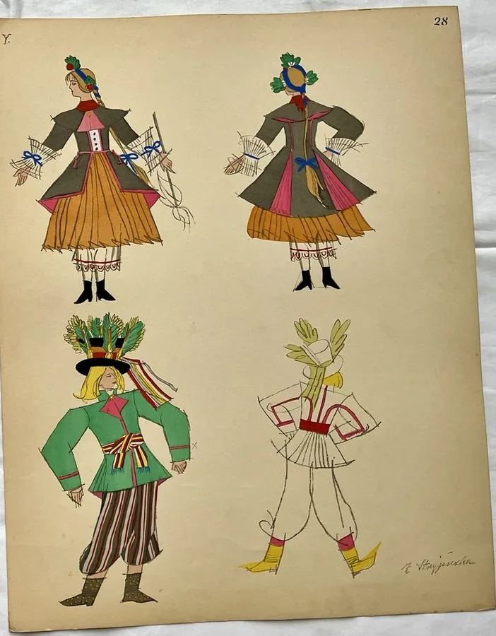 Zofia Stryjeńska, Plate 28 — Four regional figures, pochoir from «Polish Peasants Costumes», C. Szwedzicki, Nice, 1939