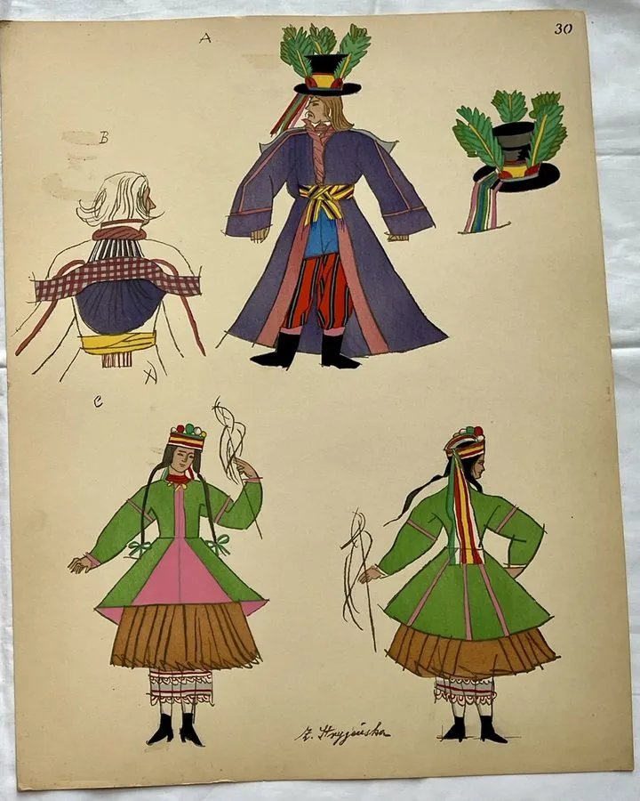 Zofia Stryjeńska, Plate 30 — Four folk figures, pochoir from «Polish Peasants Costumes», C. Szwedzicki, Nice, 1939