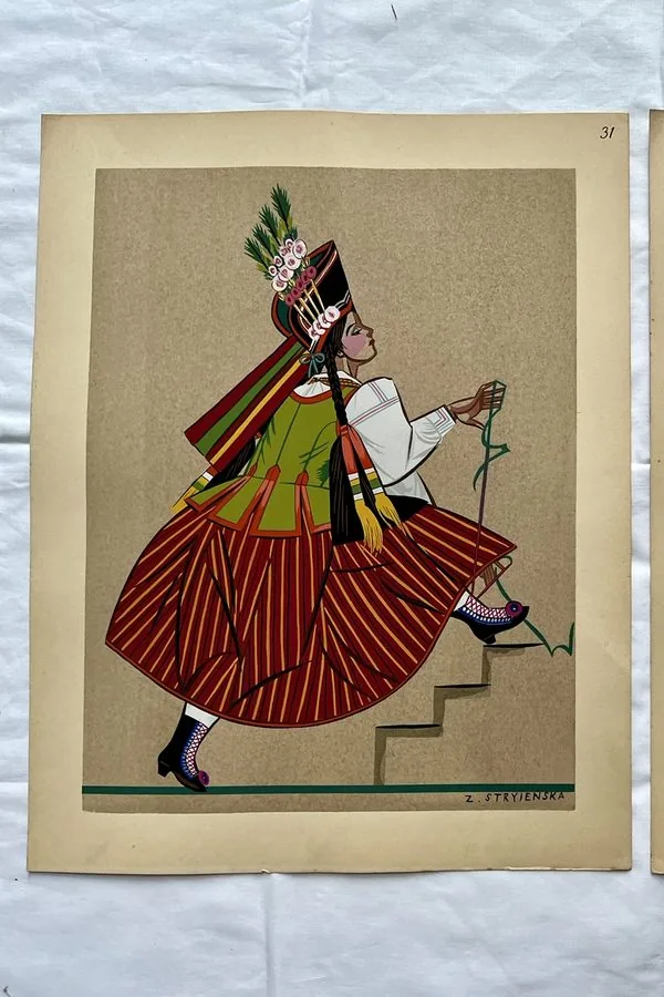 Zofia Stryjeńska, Plate 31 — Energetic folk dancer, pochoir from «Polish Peasants Costumes», C. Szwedzicki, Nice, 1939