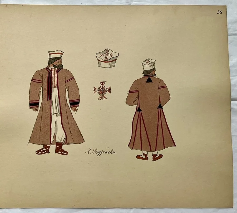 Zofia Stryjeńska, Plate 36 — Four regional figures, pochoir from «Polish Peasants Costumes», C. Szwedzicki, Nice, 1939