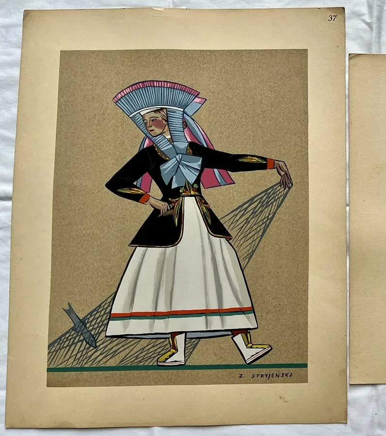 Zofia Stryjeńska, Plate 37 — Folk figure in colourful costume, pochoir from «Polish Peasants Costumes», C. Szwedzicki, Nice, 1939