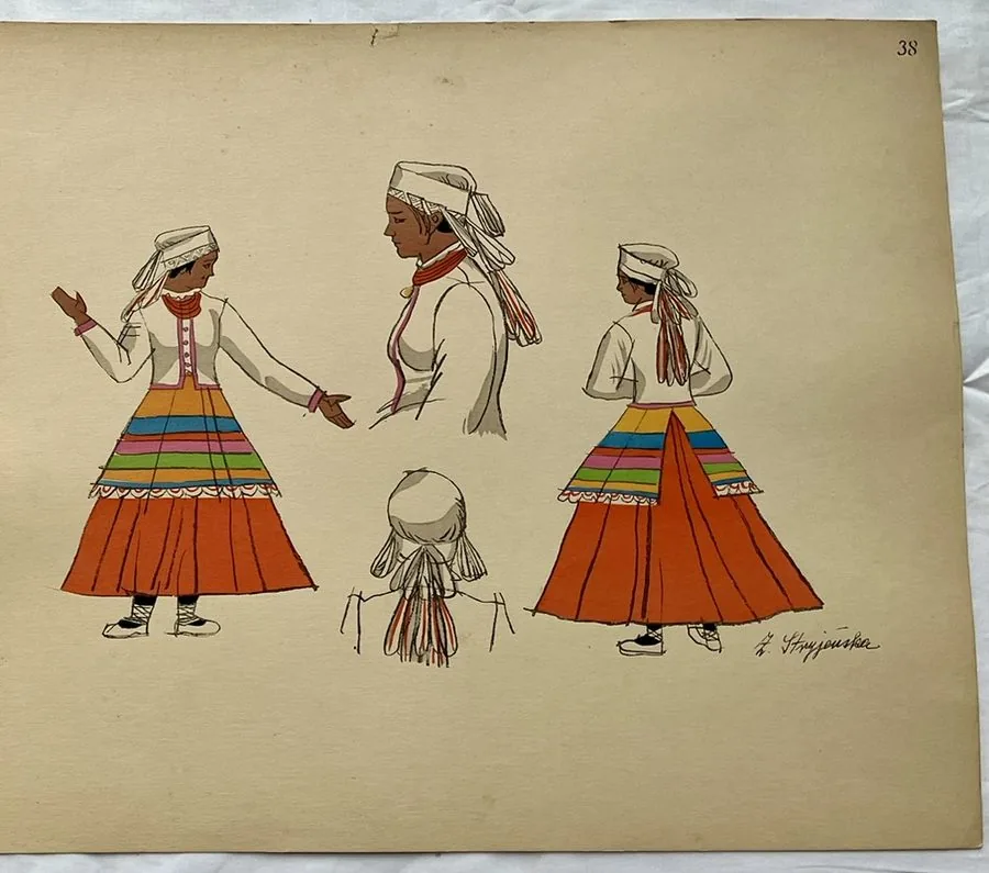 Zofia Stryjeńska, Plate 38 — Four folk figures, pochoir from «Polish Peasants Costumes», C. Szwedzicki, Nice, 1939