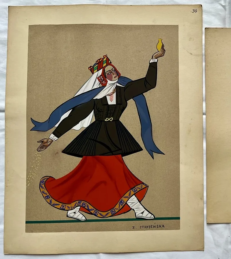 Zofia Stryjeńska, Plate 39 — Dramatic female dancer, pochoir from «Polish Peasants Costumes», C. Szwedzicki, Nice, 1939