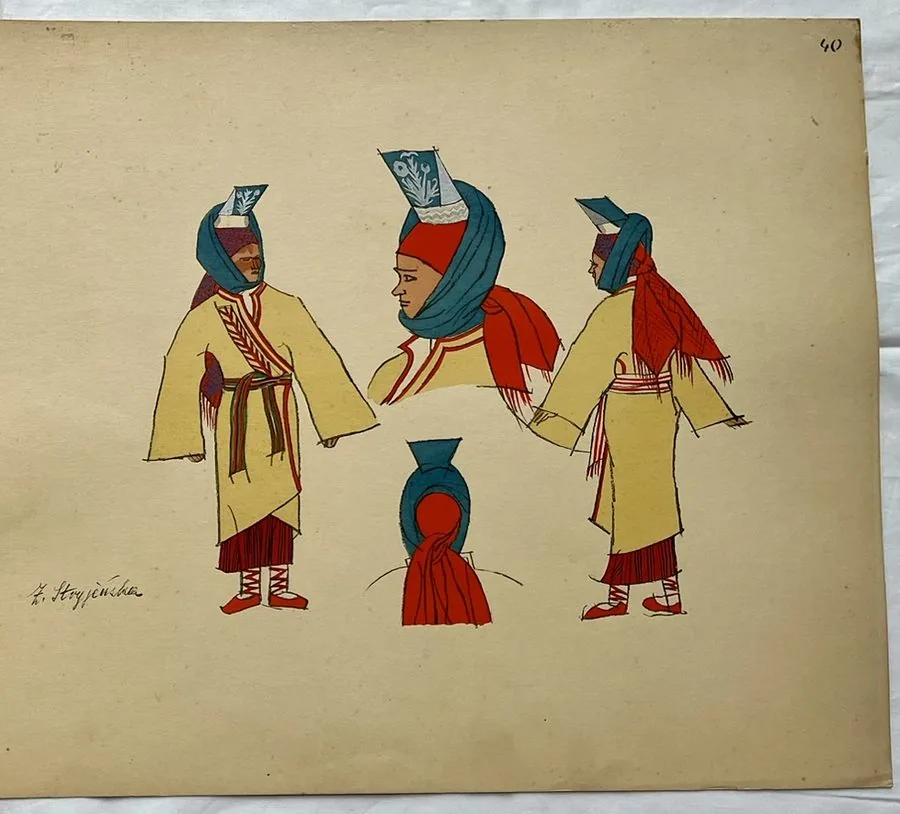 Zofia Stryjeńska, Plate 40 — Final plate: figures in yellow, pochoir from «Polish Peasants Costumes», C. Szwedzicki, Nice, 1939